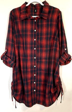 Shein Curve 2XL plaid print blue red roll sleeve drawstring sides shirt dress