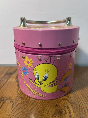 Vintage 2000 Looney Tunes Tweety Bird Metal Tin Purse Pink Zipper Bag Round HTF