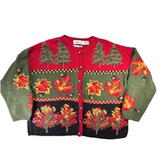 Robert Scott Handknit VTG Fall Autumn Scene Button 3D Acorn Leaves Cardigan L