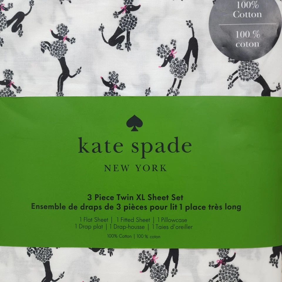 Kate Spade New York 3 Piece Twin XL Sheet Set Dancing Poodles Cotton Black White - Image 3 of 4