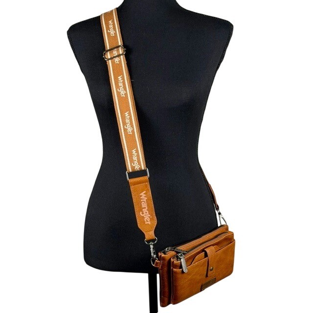 Wrangler Cognac Faux Leather Crossbody Bag logo Guitar Strap Wallet Organizer