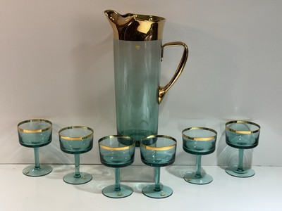 Vintage Aqua Blue 22k Gold Rimmed Bar Glass & Pitcher Set Of 7 | eBay