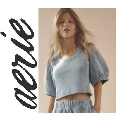 AERIE Seams Right Short Sleeve Sweatshirt Puff Sleeve Crop Blue