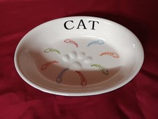 Fido's Diner Cat Bowl Colorful Fish Bones Oval Stoneware 6 Inch Raised Cat Paw