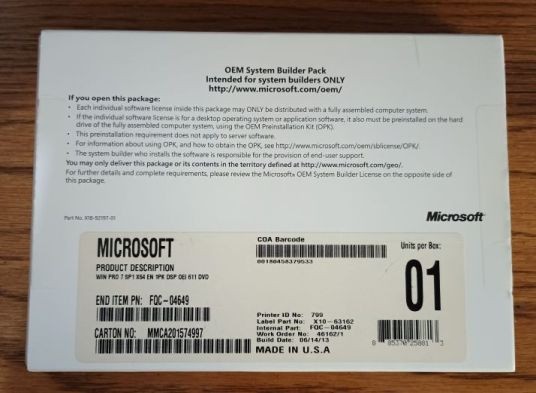 Microsoft Windows 7 Professional SP1 64-bit OEM System Builder DVD English 1 PC