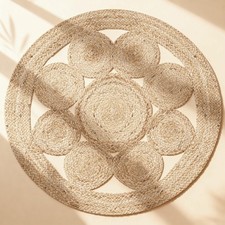 Round Jute Rug, Eco-Friendly Reversible Indoor Outdoor Boho Carpet, Rustic Fa...