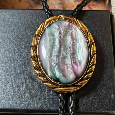 Vintage abalone shell Bolo Tie Mens Wedding Necklace Western Cowboy knife