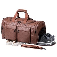 Large Waterproof Leather Travel Bag with Shoe Pouch, Weekender Duffel Tote