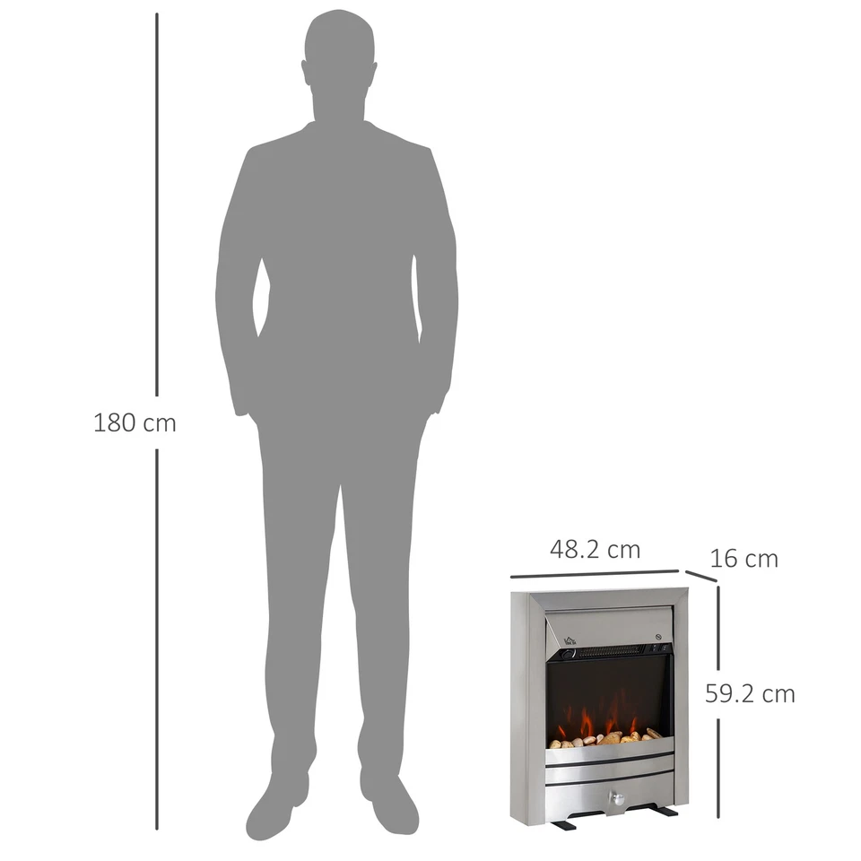 HOMCOM Electric Fireplace Stainless Steel 2KW Heater LED Fire Flame Silver - Image 3 of 4