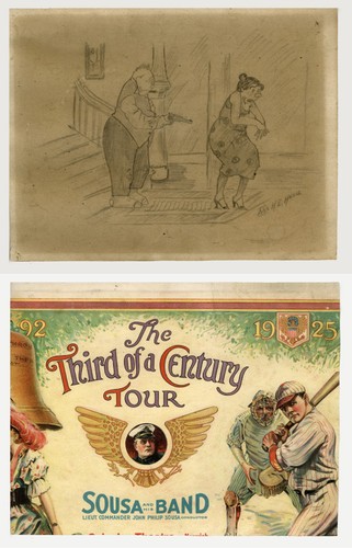 1925 Jiggs & Maggie Drawing Signed HE Hand & Chromolitho Sousa Band Tour Remnant