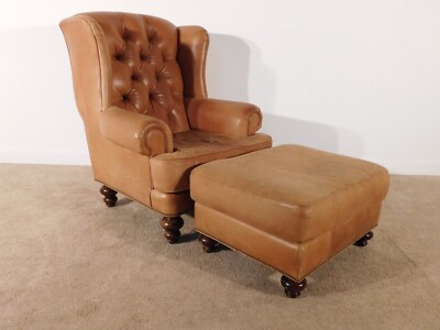 Henredon RALPH LAUREN Tufted Leather Writer Author's Chair and Ottoman 