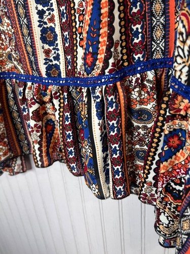 Living Doll Womens TOP 1X Boho Paisley Crocheted Ruffle Blue Orange Hippie - Picture 7 of 12