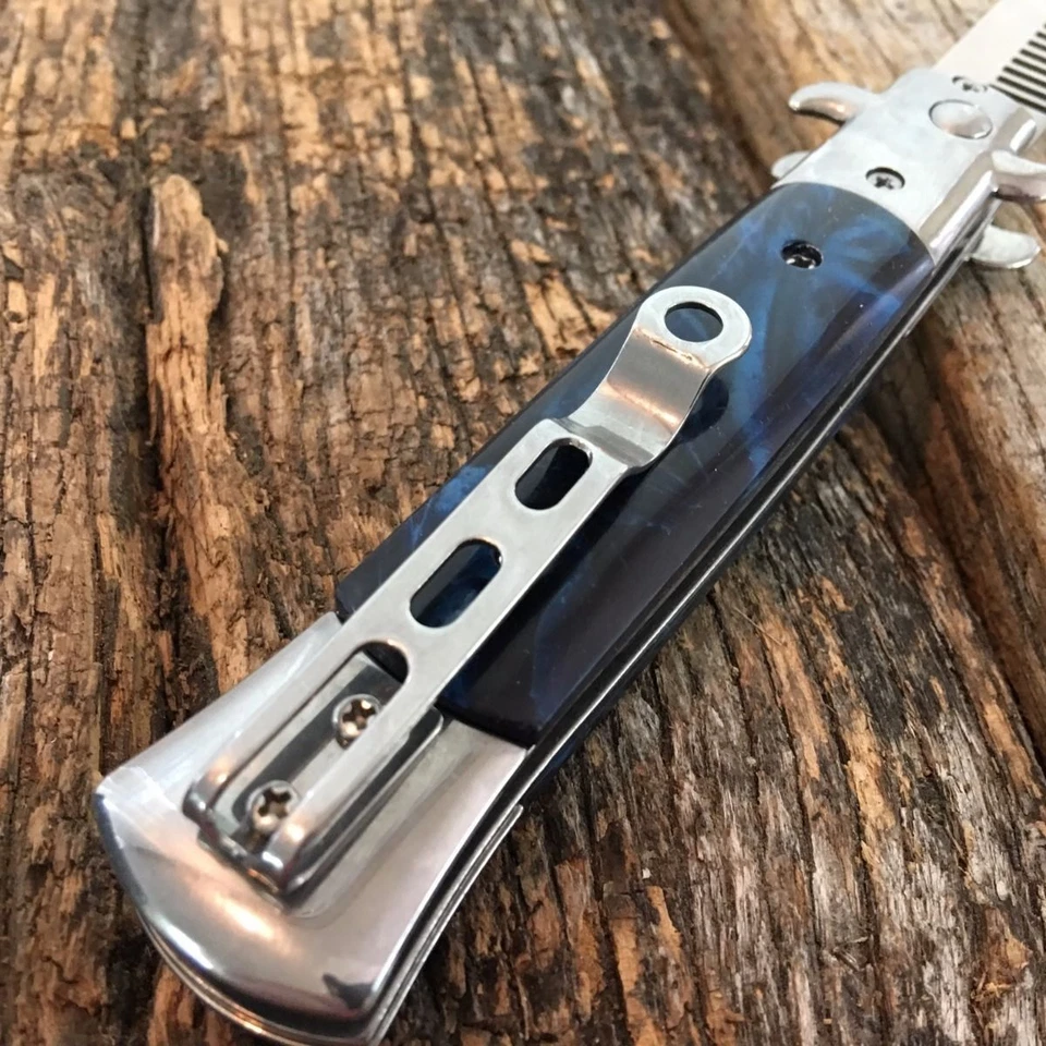 Automatic Push Button Folding Comb Switchblade Knife Looking Brush Blue Pearl - Image 3 of 3