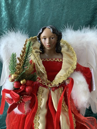 16” Angel Tree Topper Red Dress Gold Trim - Picture 2 of 8