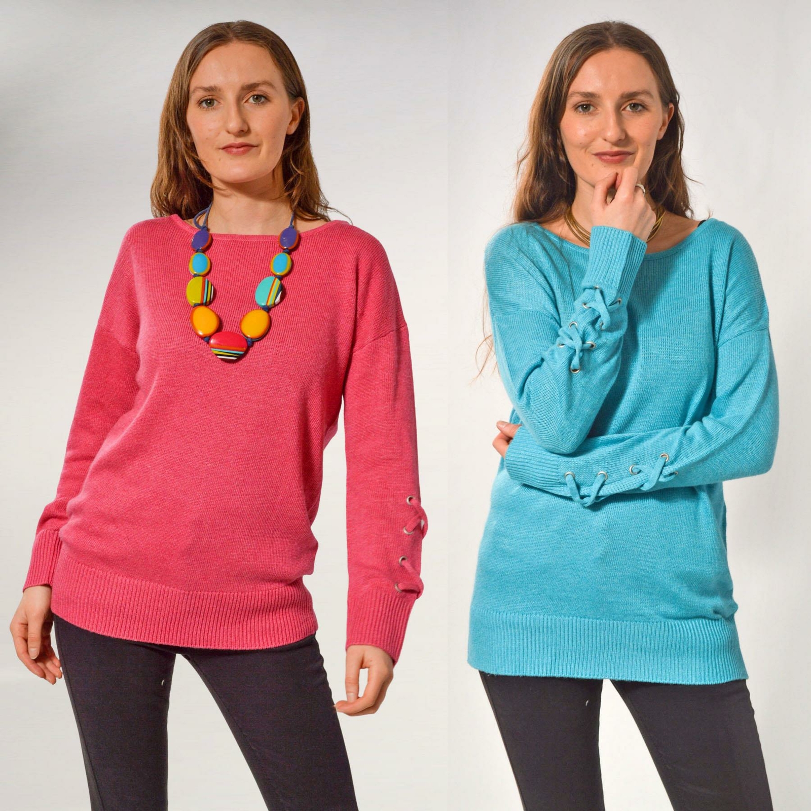 BON MARCHE Ladies Boat Neck Jumper Soft Knit Lattice Sleeve Turquoise