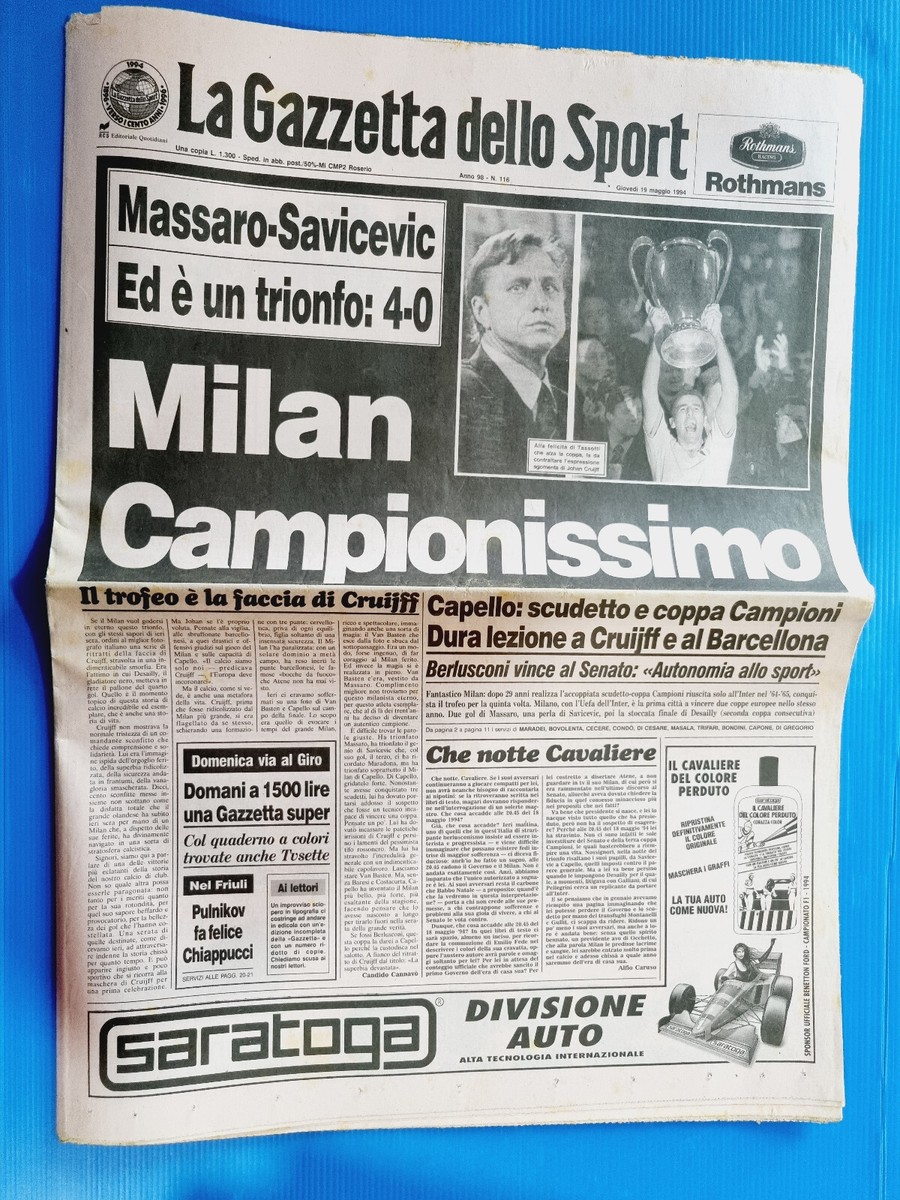 Gazzetta Dello Sport 28 Mars 1994 – Juventus, Milan, Roma, Naples – Vintage