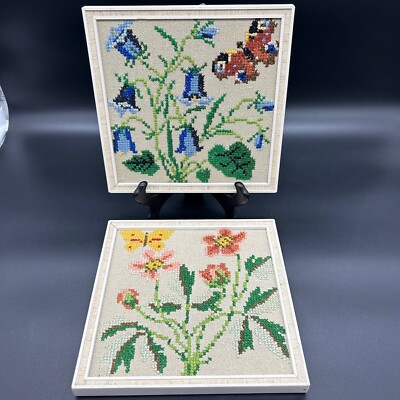 Vtg Cross Stitched Flower Butterfly Pictures Finished Work 7.5'' Square Set of 2