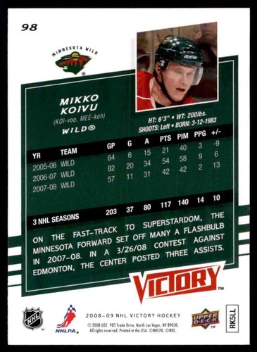 2008-09 Upper Deck Victory Mikko Koivu #98 - Picture 2 of 2