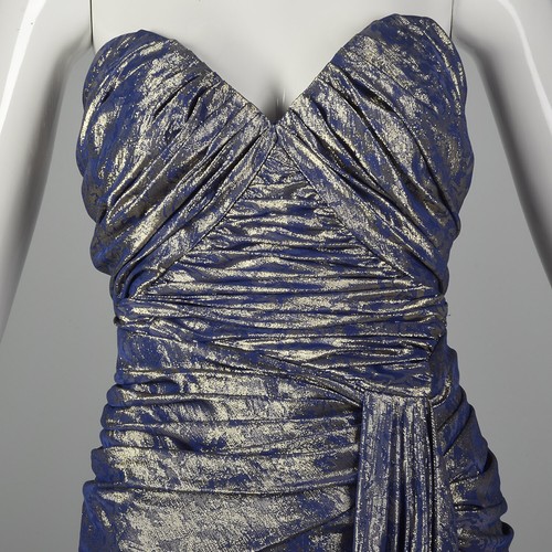 XS Blue Evening Gown 1970s Gold Lamé Strapless Sweetheart Formal Prom Dress VTG - Picture 6 of 10