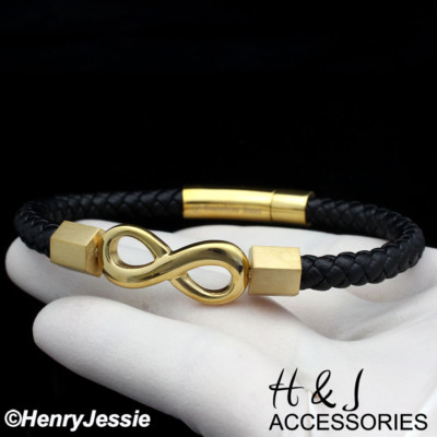 8''Stainless Steel Gold Plated Black Infinity Leather Fashion Bracelet*AGB94