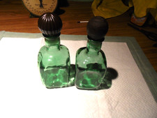 SET OF TWO GREEN GLASS LIQUOR DECANTERS