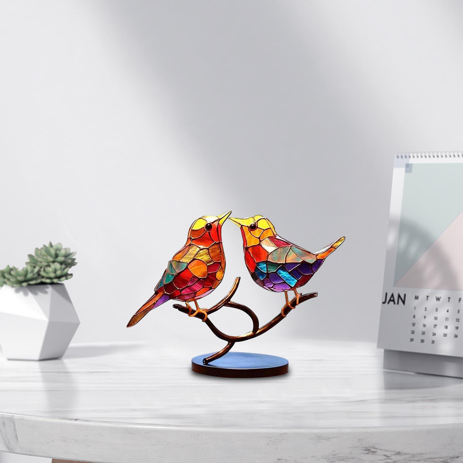Metal Bird Desk Ornament Colorful Birds Figurine Home Office Tabletop