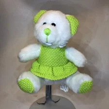 Kellytoy Bear Plush 6” Green And White w/ Green Knitt Skirt Soft White Fur Sitti