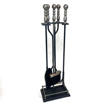"Oxford" Style Fireplace Tool Set in Brushed/Antique Nickel & Black - With Stand