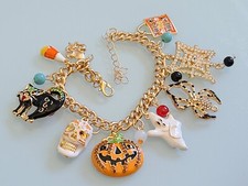 HAPPY HALLOWEEN CHARM BRACELET 9 INCH ADJUSTABLE PUMPKIN CAT GHOST SPIDER SKULL