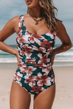 Flower Print Ruched Design One Piece Swimsuit 2XL