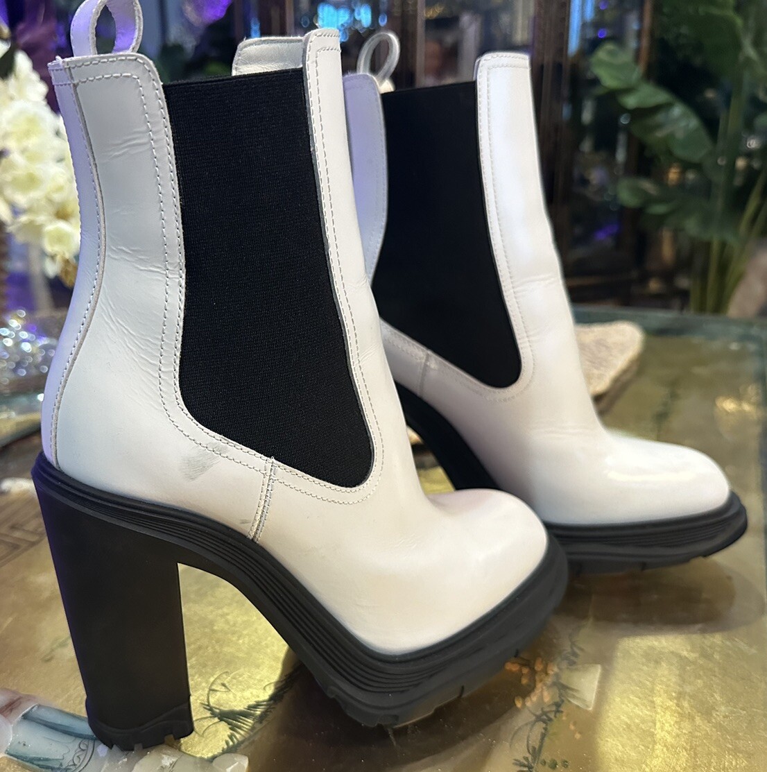 Alexander McQueen White And Black Lug Platform Sole Heel Boots Sz