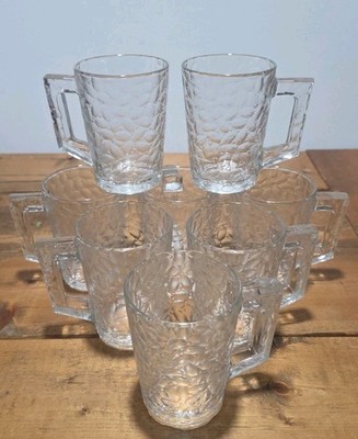 SET OF 8 Arcoroc Luminarc Vercors Clear Pebbled Mugs Cups Square Handle EUC