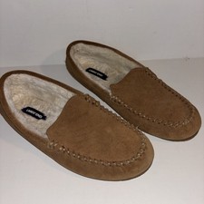 LANDS' END Women PLUSH FAUX FUR LINING GENUINE SUEDE TAN SLIPPERS SIZE 10B