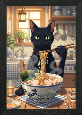 Black Cat Eating Ramen in Kitchen Framed Wall Art Poster Canvas Print Picture