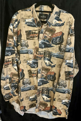 RedHead Men's XL Button-Up Long Sleeve Woven Shirt Beige Route 66 Cars Print