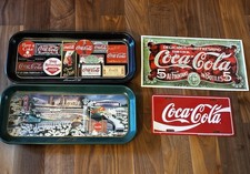 Lot Of 4 Coca Cola Advertisement Vintage Trays Sign License Plate