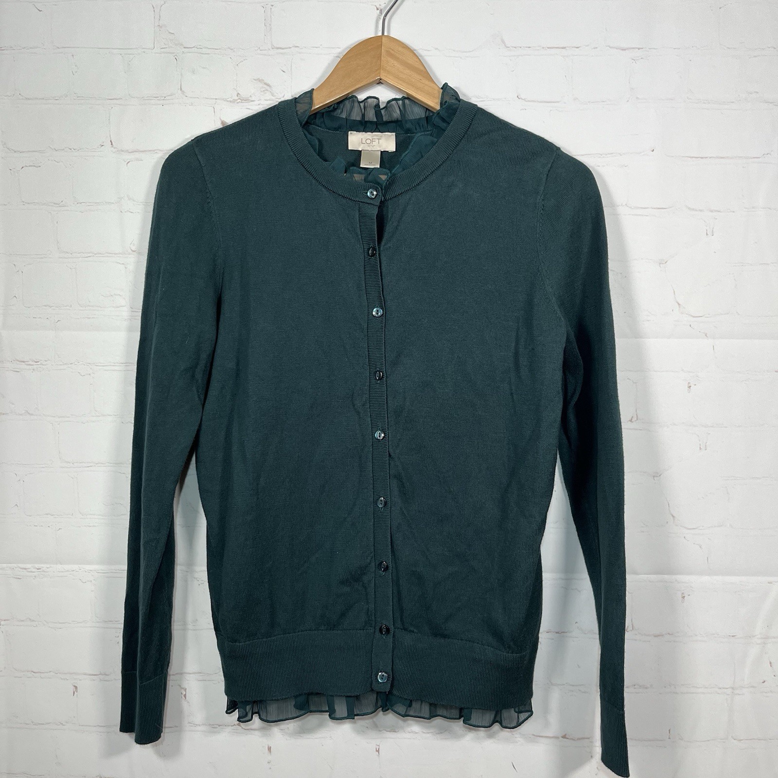 LOFT Cardigan Sweater Women’s Size Medium Green Button Up Ruffle Trim