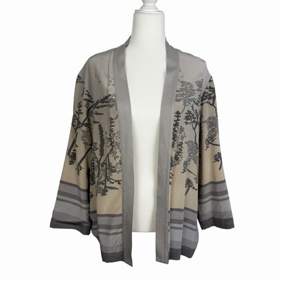 Coldwater Creek 100% Silk Kimono Cardigan Jacket Beige Gray Cream M Lagen Boho