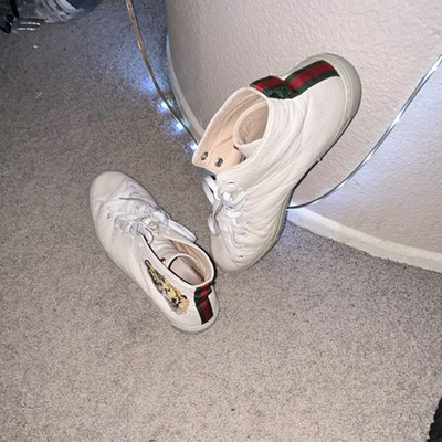 Gucci High Top Tiger Embroidered Leather White Sneakers Lace Up