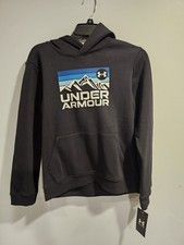 New Boys Under Armour Hooded Sweatshirt With Mountain Logo. Black. Size Large.