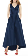 Alfred Sung Size: 14 Sleeveless Pleated Skirt High Low Dress Pockets Navy New