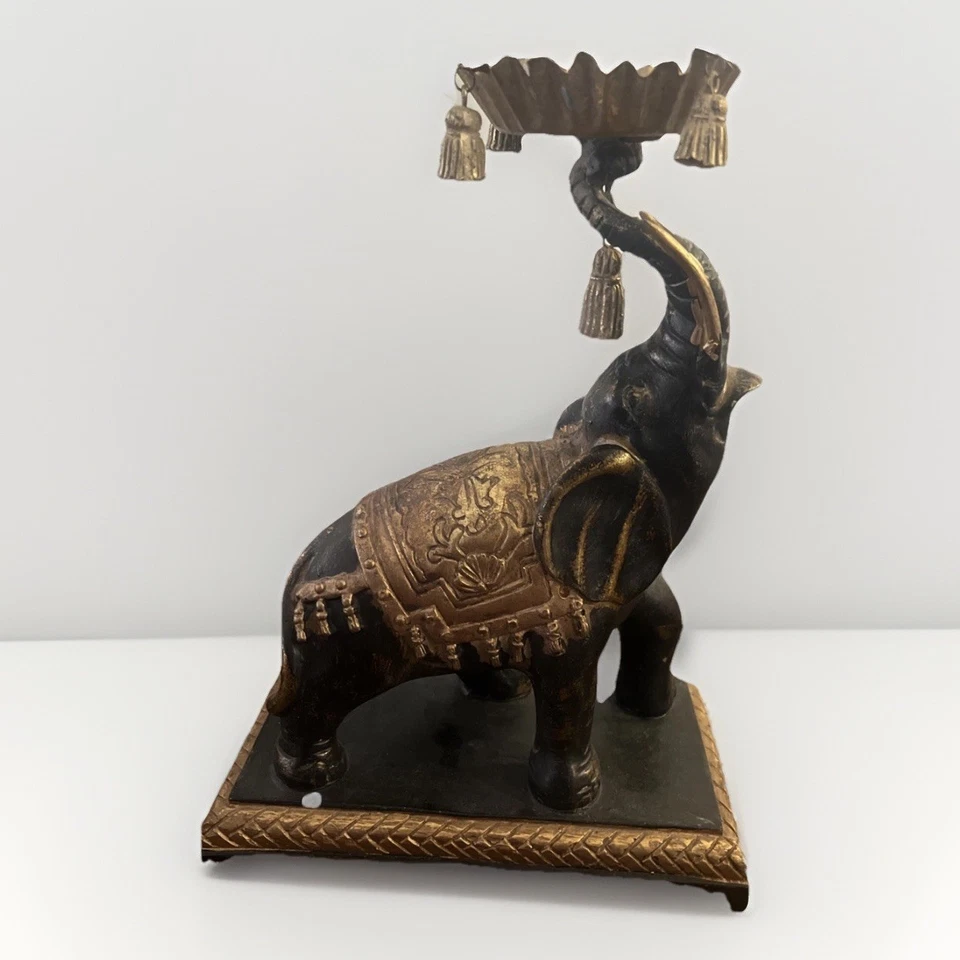 VINTAGE STERLING INDUSTRIES DECORATIVE ELEPHANT STATUE Asian Style Black & Gold - Image 3 of 4