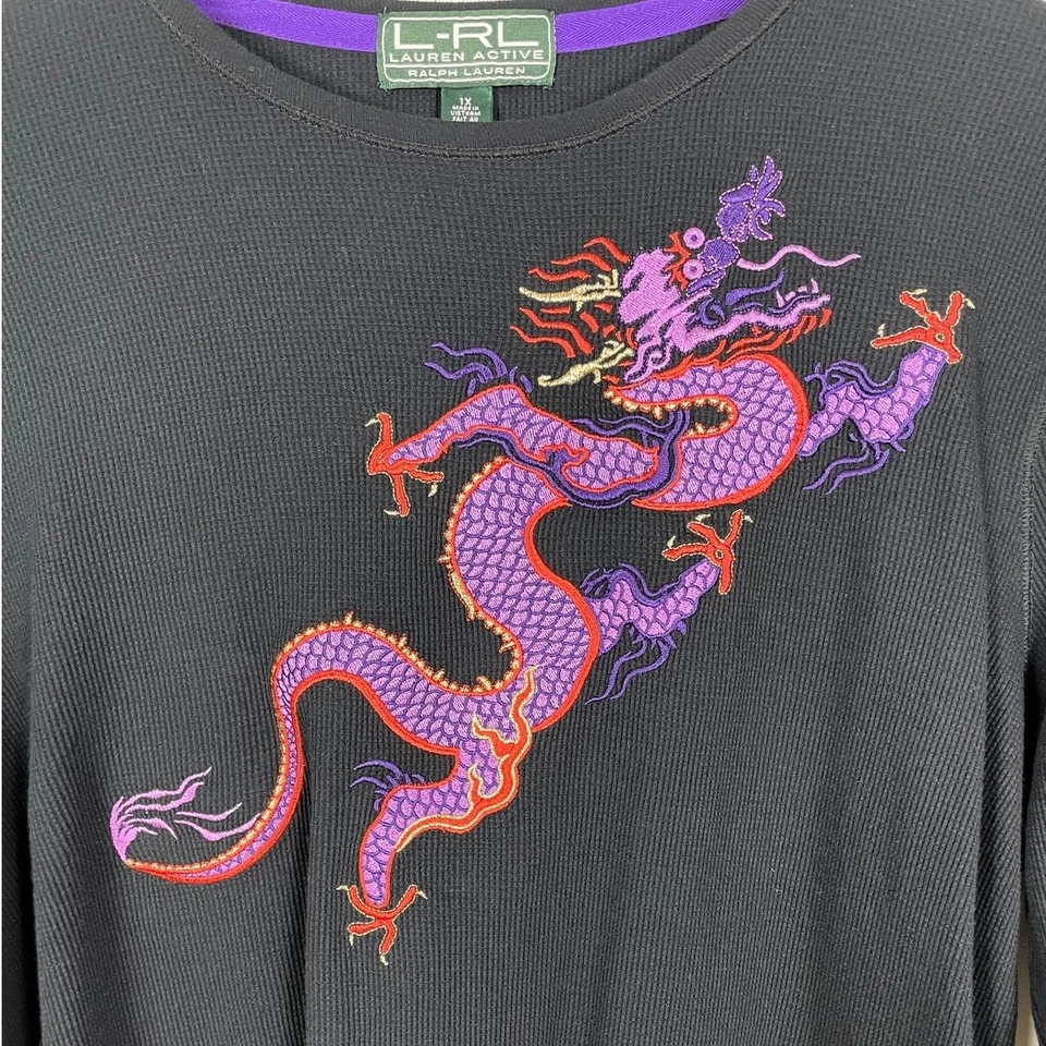 L-RL Ralph Lauren Active Cotton Waffle Knit Top Dragon Embrodery Y2K 90s Large - Image 2 of 4