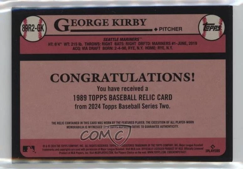 2024 Topps Series 2 1989 Topps Baseball Relics Red /25 George Kirby #89R2-GK - Image 2 of 2