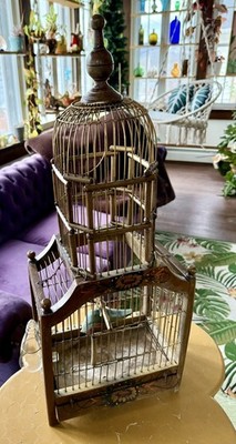 Antique Victorian Decorative Hand Painted Bird Cage With Glass Waterer