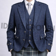 Men  s Blue Wool Tweed Kilt Jacket  Waistcoat  Scottish Highland Argyle Jacket