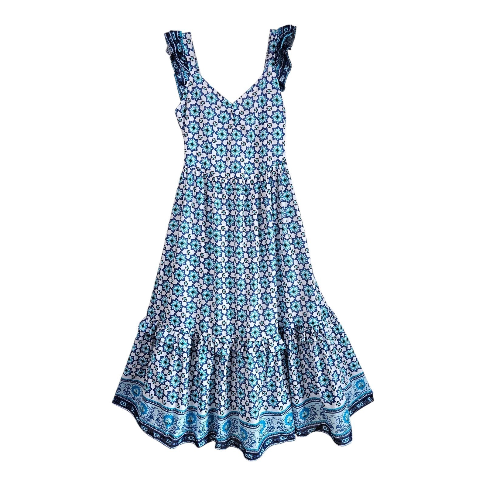 LUCKY BRAND Women's M Maxi Dress Cottage Sundress Blue White Smocked 100% Cotton