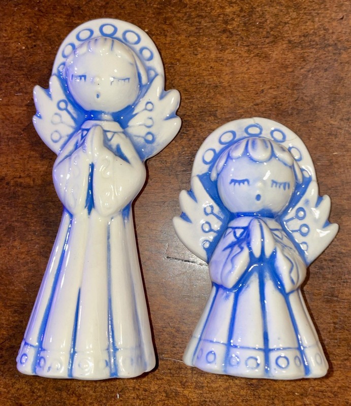 Vintage Blue & White Ceramic Praying Angel Figurines - set of 2