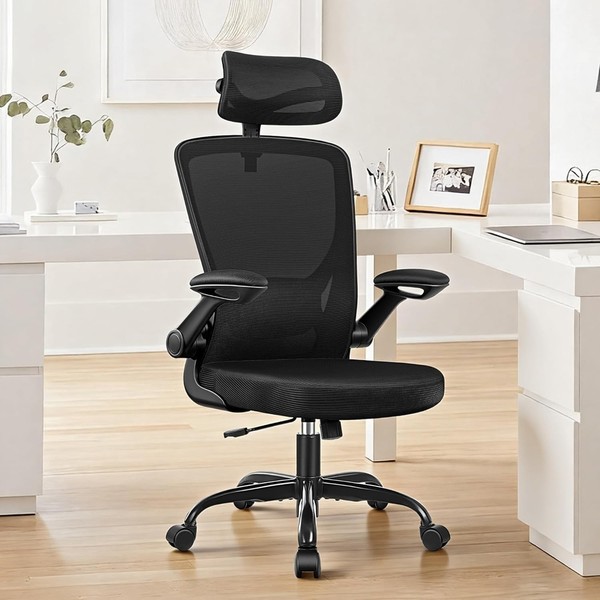 Silla de Oficina de Malla Ergonómica Soporte Lumbar Ajustable Brazos Abatibles Negra Nueva
