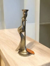 New Gold Retro MCM Boho Jungle Metal Peacock On Perch Candle Holder Stand Decor